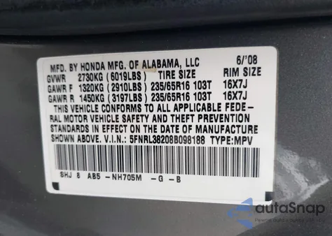 2008 Honda Odyssey Lx from USA, damaged, VIN 5FNRL38208B098188